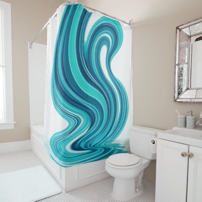 Blue Ocean Wave Shower Curtain – Modern Bathroom  (In Situ)