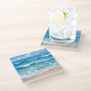 Blue Ocean Waves Beach Sea Watercolor Art Glass Coaster