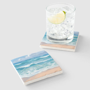 Blue Ocean Waves Beach Sea Watercolor Art Stone Coaster