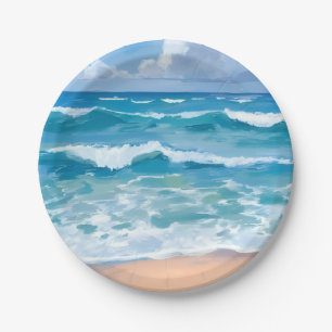 Blue Ocean Waves   Beach Sea Watercolor  Paper Plate