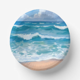 Blue Ocean Waves Beach Sea Watercolor Paper Plate