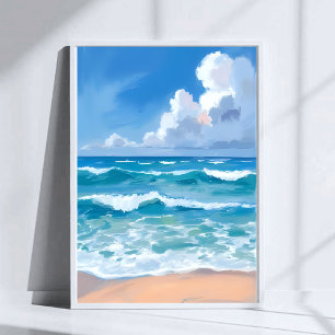 Blue Ocean Waves   Beach Sea Watercolor  Poster