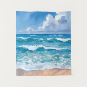 Blue Ocean Waves Beach Sea Watercolor Tapestry