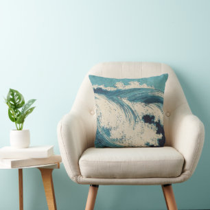 Blue Ocean Waves Japanese Woodcut Cushion
