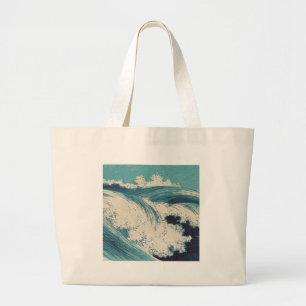 Blue Ocean Waves Japanese Woodcut Large Tote Bag