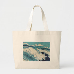 Blue Ocean Waves Japanese Woodcut Large Tote Bag