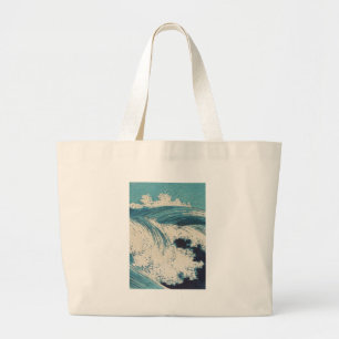 Blue Ocean Waves Japanese Woodcut  Large Tote Bag
