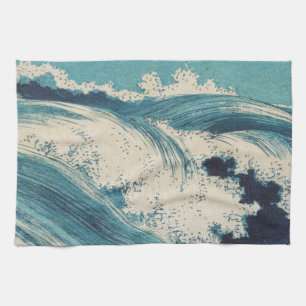 Blue Ocean Waves Japanese Woodcut  Tea Towel