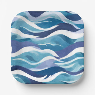 Blue Ocean Waves Modern Simplistic Watercolor Paper Plate