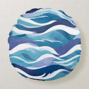 Blue Ocean Waves   Modern Simplistic Watercolor  Round Cushion