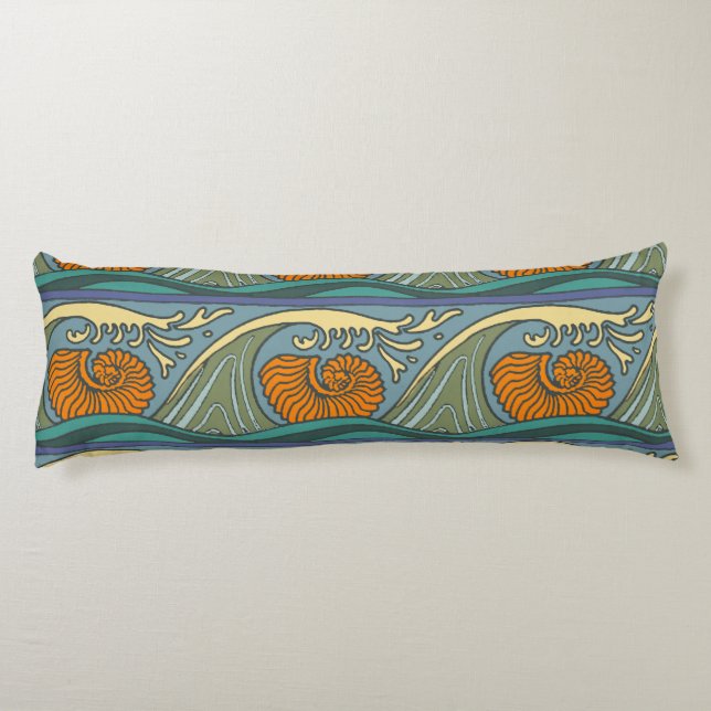 Blue Ocean Waves Nautilus Seashell Pattern Nouveau Body Cushion (Back)