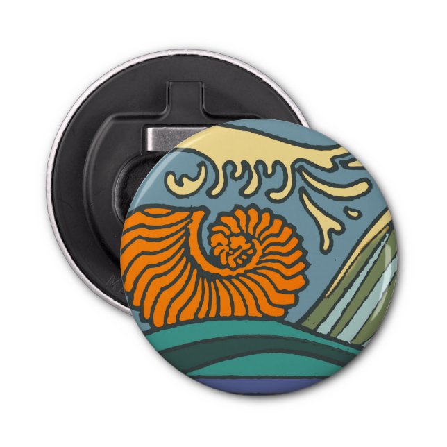 Blue Ocean Waves Nautilus Seashell Pattern Nouveau Bottle Opener (Front)
