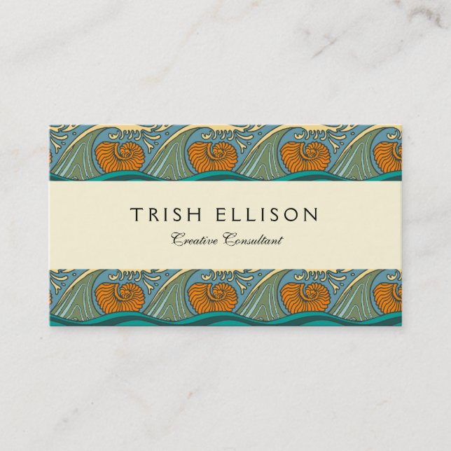 Blue Ocean Waves Nautilus Seashell Pattern Nouveau Business Card (Front)