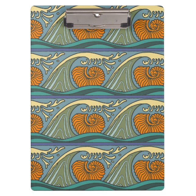 Blue Ocean Waves Nautilus Seashell Pattern Nouveau Clipboard (Front)