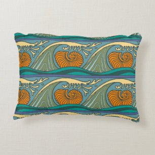 Blue Ocean Waves Nautilus Seashell Pattern Nouveau Decorative Cushion