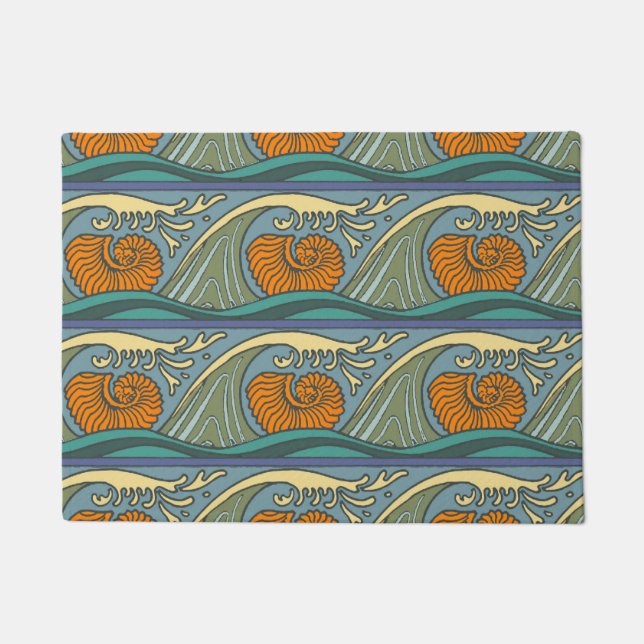 Blue Ocean Waves Nautilus Seashell Pattern Nouveau Doormat (Front)