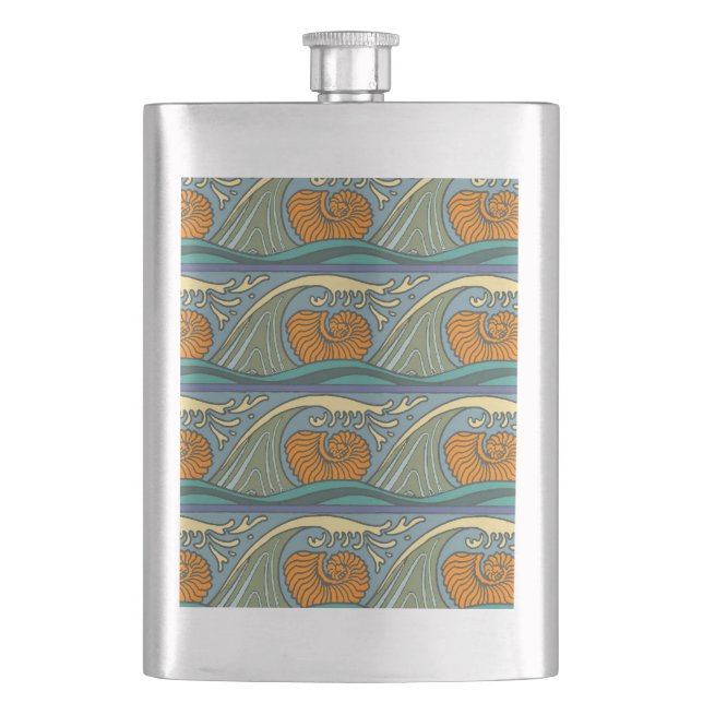 Blue Ocean Waves Nautilus Seashell Pattern Nouveau Hip Flask (Front)