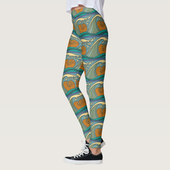Blue Ocean Waves Nautilus Seashell Pattern Nouveau Leggings (Left)