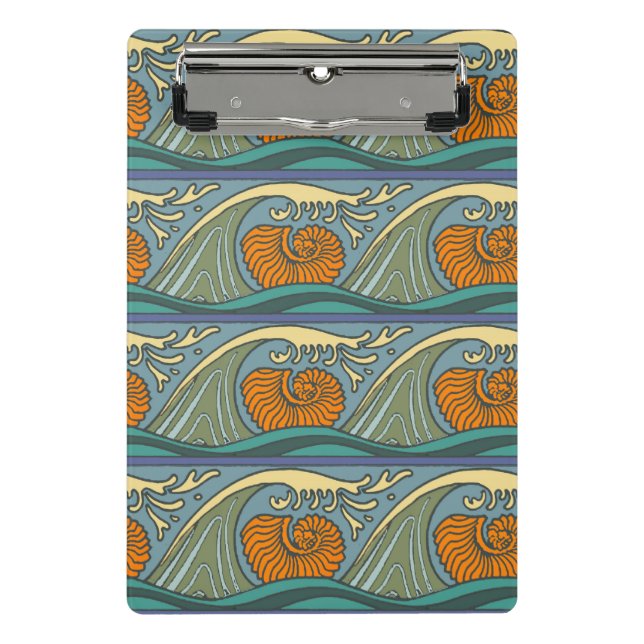 Blue Ocean Waves Nautilus Seashell Pattern Nouveau Mini Clipboard (Front)