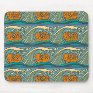 Blue Ocean Waves Nautilus Seashell Pattern Nouveau Mouse Mat