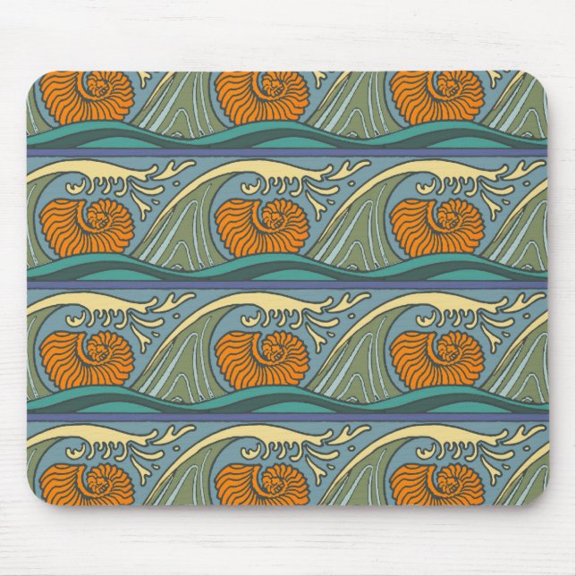 Blue Ocean Waves Nautilus Seashell Pattern Nouveau Mouse Mat (Front)