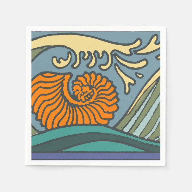 Blue Ocean Waves Nautilus Seashell Pattern Nouveau Napkin (Front)