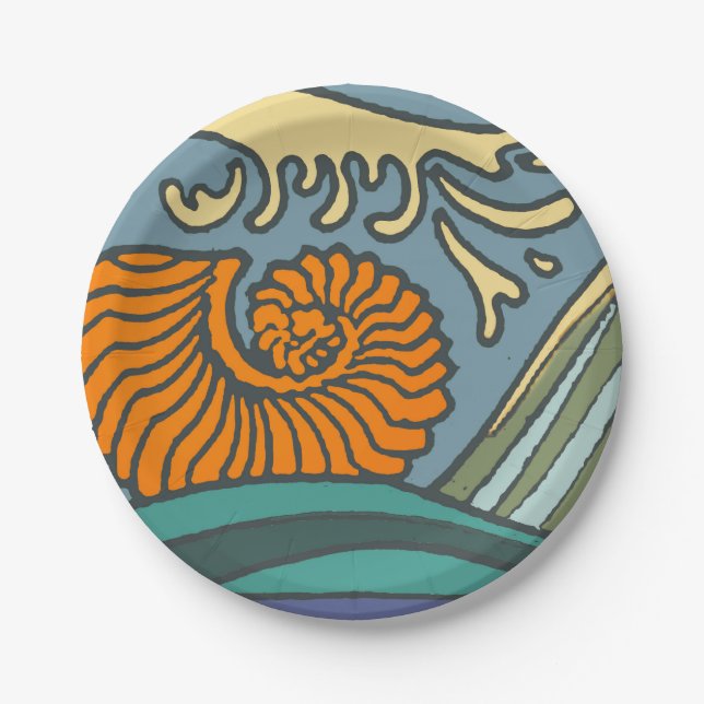 Blue Ocean Waves Nautilus Seashell Pattern Nouveau Paper Plate (Front)