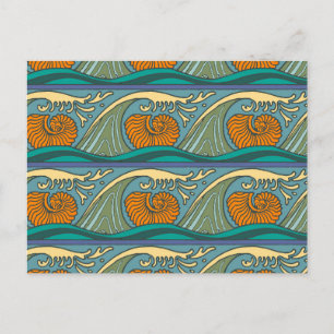 Blue Ocean Waves Nautilus Seashell Pattern Nouveau Postcard