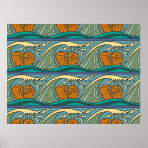 Blue Ocean Waves Nautilus Seashell Pattern Nouveau Poster