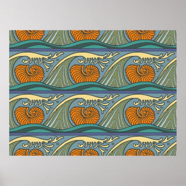 Blue Ocean Waves Nautilus Seashell Pattern Nouveau Poster (Front)