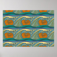 Blue Ocean Waves Nautilus Seashell Pattern Nouveau