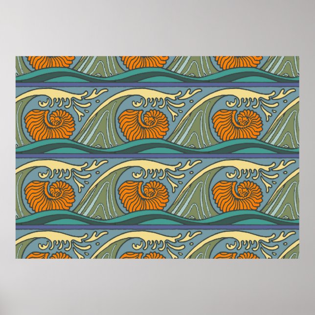 Blue Ocean Waves Nautilus Seashell Pattern Nouveau Poster (Front)