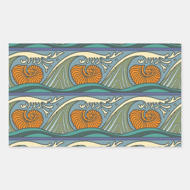 Blue Ocean Waves Nautilus Seashell Pattern Nouveau Rectangular Sticker (Front)