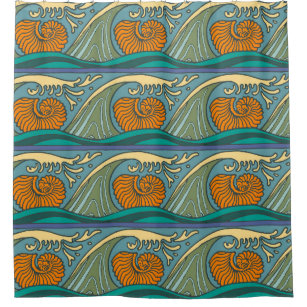 Blue Ocean Waves Nautilus Seashell Pattern Nouveau Shower Curtain