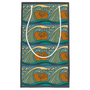 Blue Ocean Waves Nautilus Seashell Pattern Nouveau Small Gift Bag