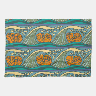 Blue Ocean Waves Nautilus Seashell Pattern Nouveau Tea Towel