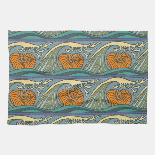 Blue Ocean Waves Nautilus Seashell Pattern Nouveau Tea Towel (Horizontal)