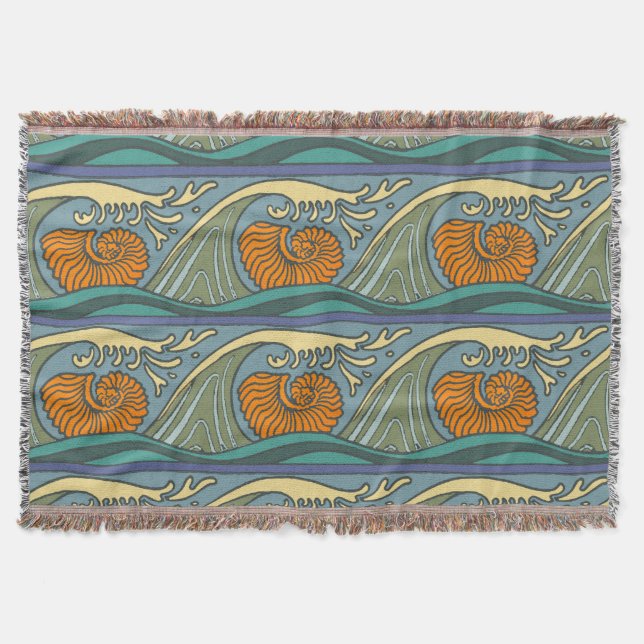 Blue Ocean Waves Nautilus Seashell Pattern Nouveau Throw Blanket (Front)