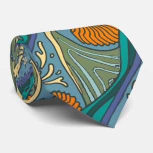 Blue Ocean Waves Nautilus Seashell Pattern Nouveau Tie