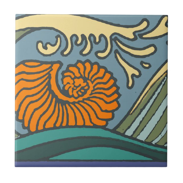 Blue Ocean Waves Nautilus Seashell Pattern Nouveau Tile (Front)