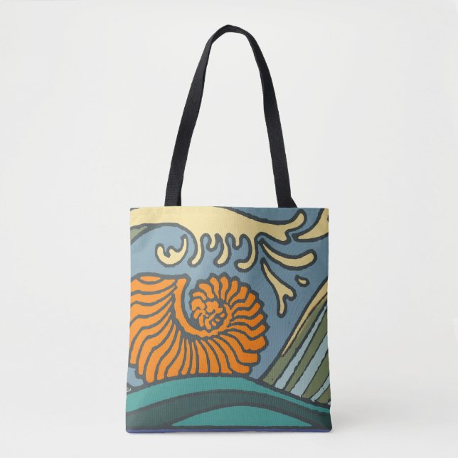 Blue Ocean Waves Nautilus Seashell Pattern Nouveau Tote Bag (Front)