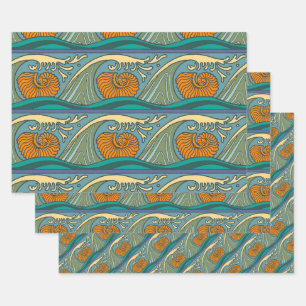 Blue Ocean Waves Nautilus Seashell Pattern Nouveau Wrapping Paper Sheet