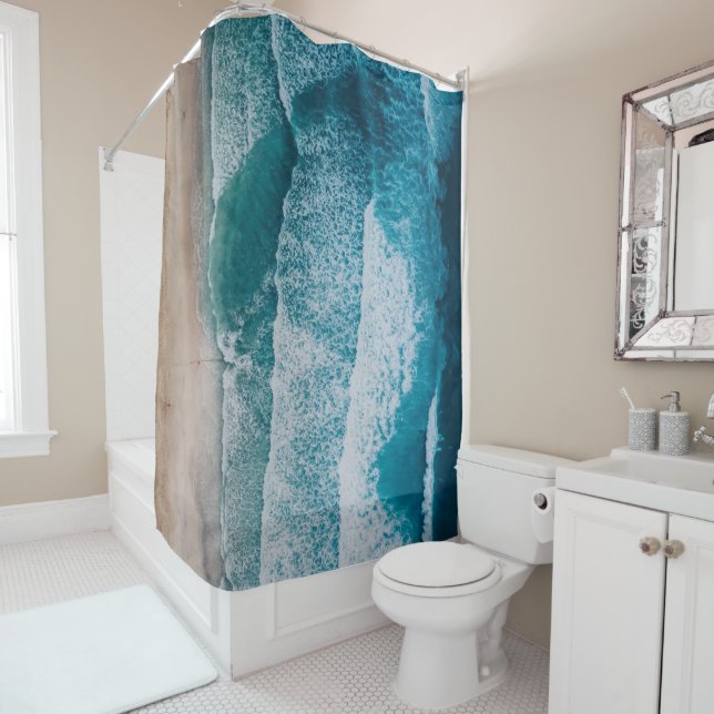 Blue Ocean Waves Sandy Beach Shower Curtain (In Situ)