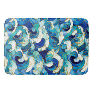 Blue Ocean Waves Stained Glass Mosaic Bath Mat