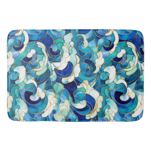 Blue Ocean Waves Stained Glass Mosaic Bath Mat (Front)
