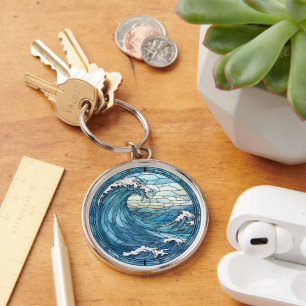 Blue Ocean Waves Sunset Stained Glass Key Ring