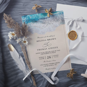 Blue Ocean Waves Tropical Beach QR Code Wedding Invitation