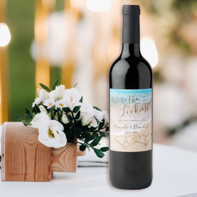 Blue Ocean Waves Tropical Beach Thank You Wedding Wine Label (Creator Uploaded)