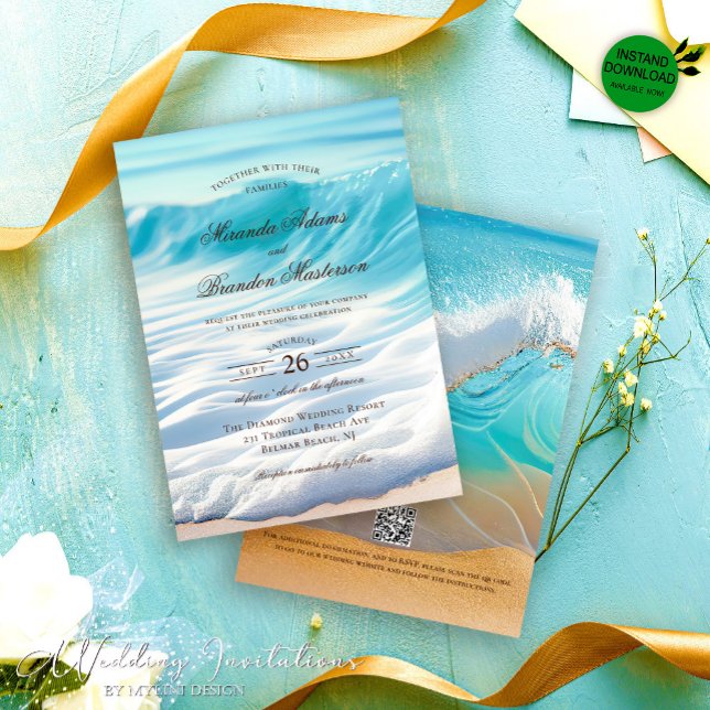 Blue Ocean Waves Tropical Beach Wedding Invitation (Creator Uploaded)