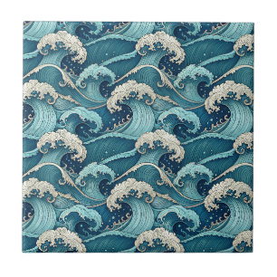 Blue Ocean Waves Tropical Summer Japanese Pattern Tile